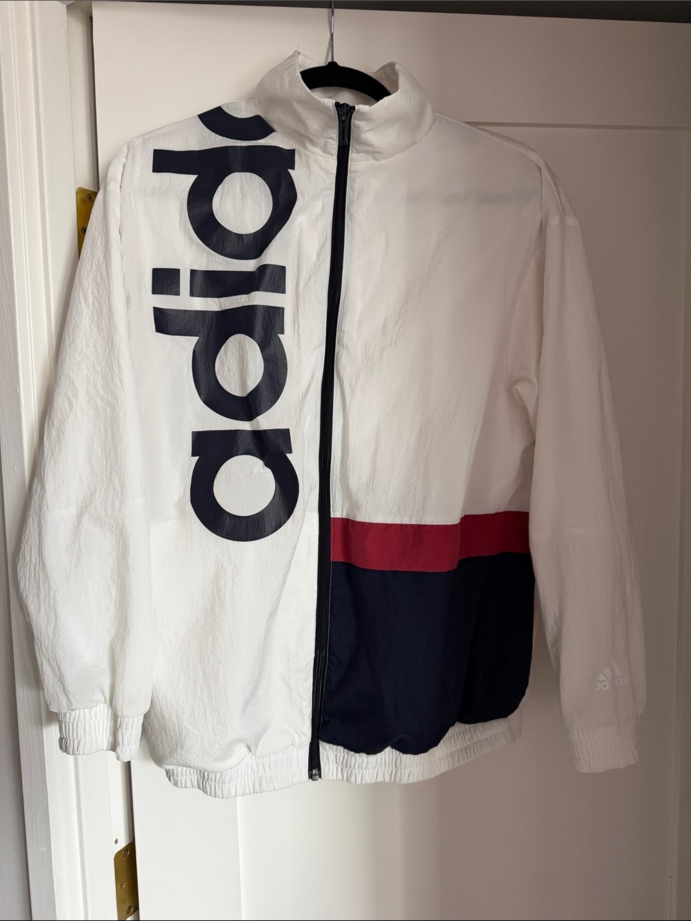 adidas White Windbreaker with Navy & Red Colorblock Logo